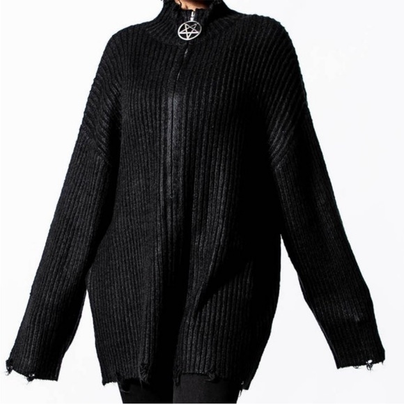 Killstar Sweaters - Killstar Black Ribbed Sweater with Pentagram Pendant